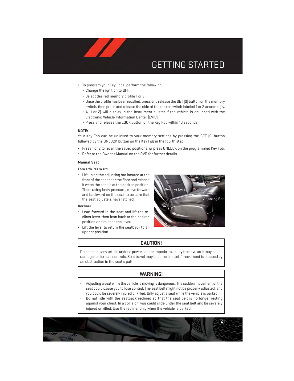 Manual seat, Getting started | Dodge 2014 Charger-SRT - User Guide User Manual | Page 23 / 140