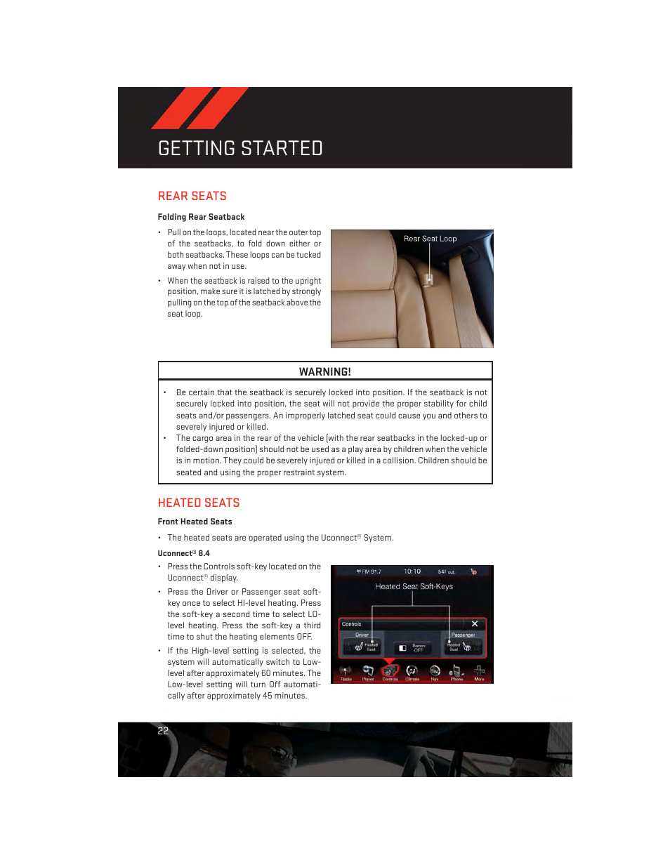 Rear seats, Folding rear seatback, Heated seats | Front heated seats, Rear seats heated seats, Getting started | Dodge 2014 Charger-SRT - User Guide User Manual | Page 24 / 140