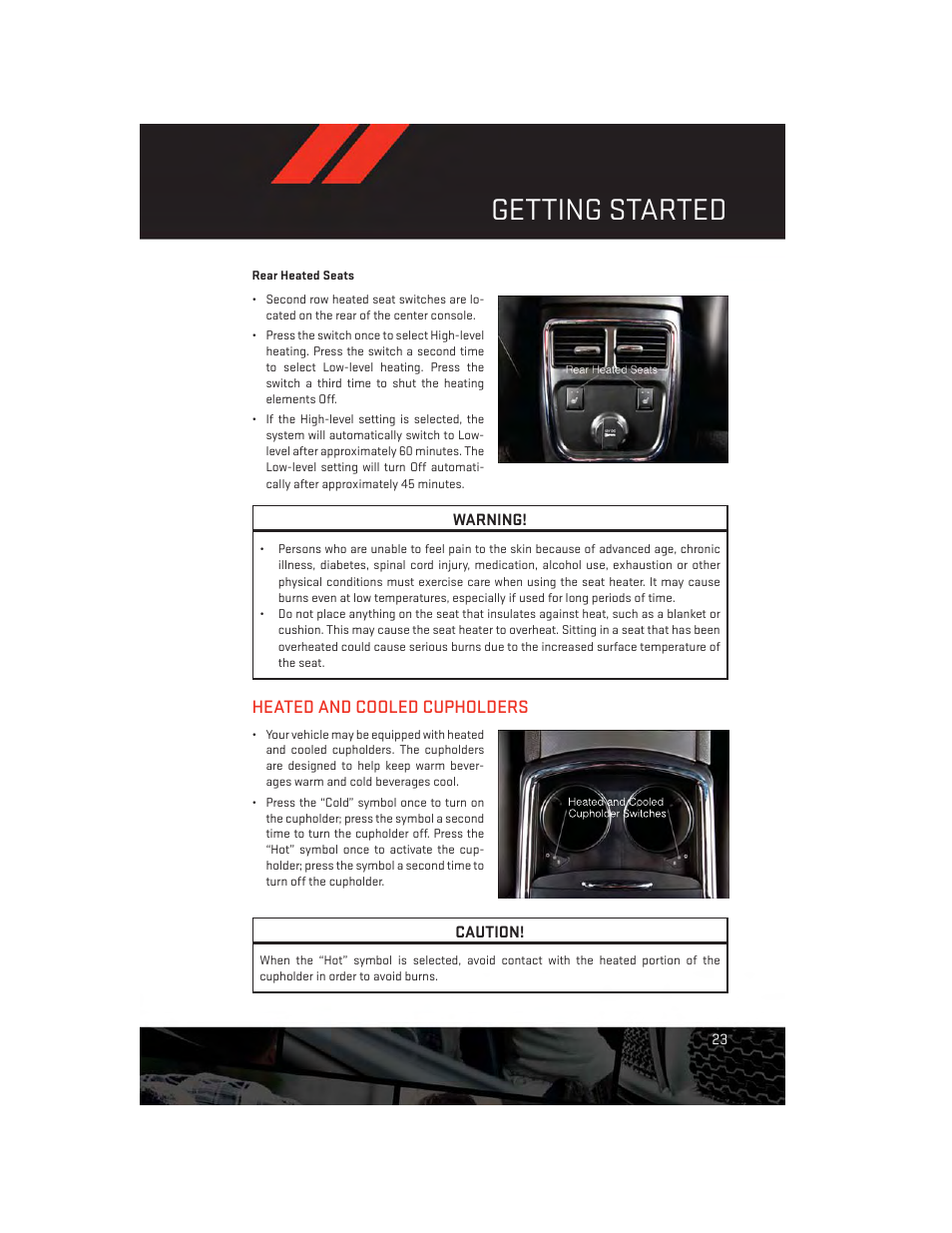 Rear heated seats, Heated and cooled cupholders, Getting started | Dodge 2014 Charger-SRT - User Guide User Manual | Page 25 / 140