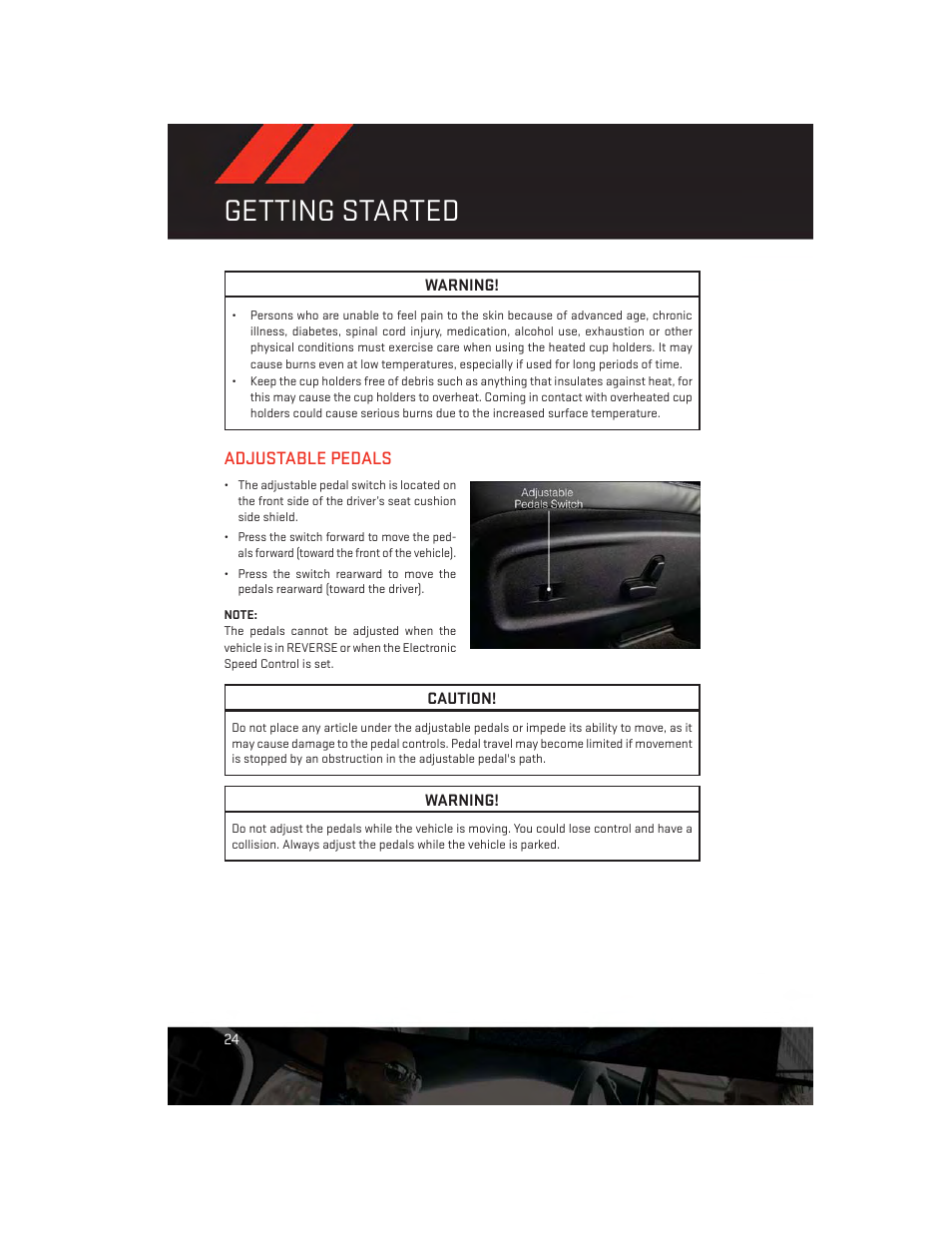 Adjustable pedals, Getting started | Dodge 2014 Charger-SRT - User Guide User Manual | Page 26 / 140