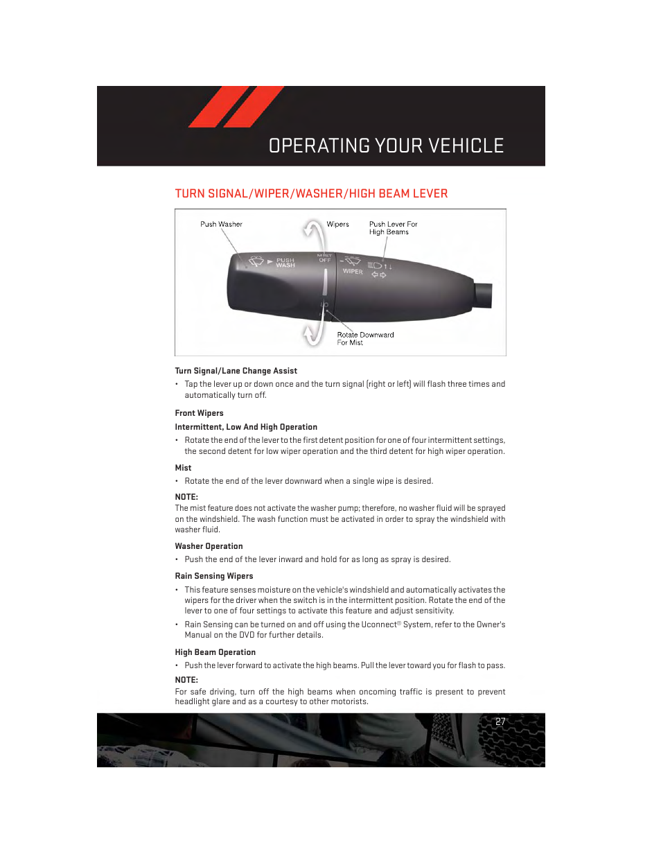 Turn signal/wiper/washer/high beam lever, Turn signal/lane change assist, Front wipers | High beam operation, Operating your vehicle | Dodge 2014 Charger-SRT - User Guide User Manual | Page 29 / 140