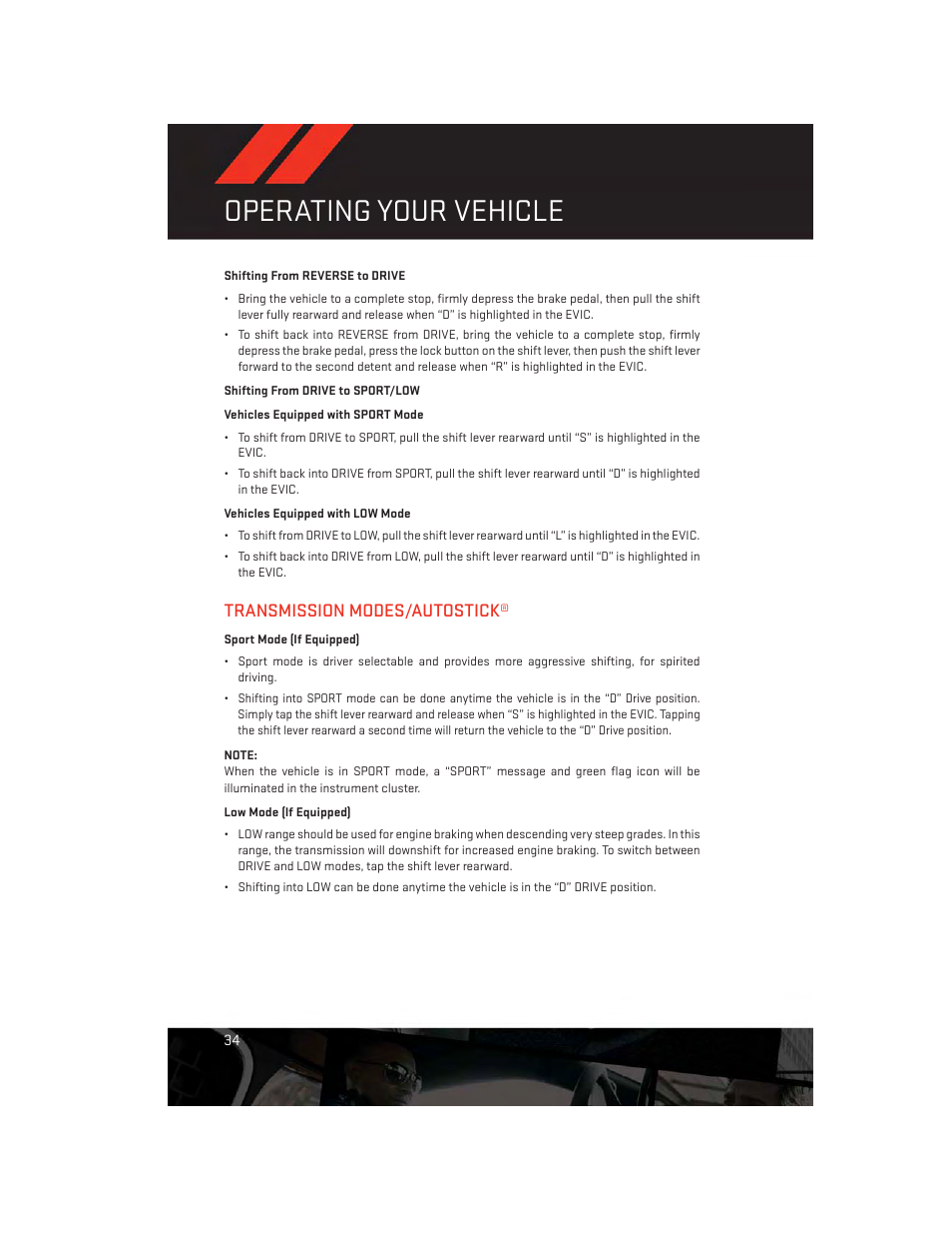 Transmission modes/autostick, Operating your vehicle | Dodge 2014 Charger-SRT - User Guide User Manual | Page 36 / 140