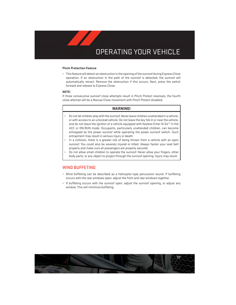 Pinch protection feature, Wind buffeting, Operating your vehicle | Dodge 2014 Charger-SRT - User Guide User Manual | Page 41 / 140