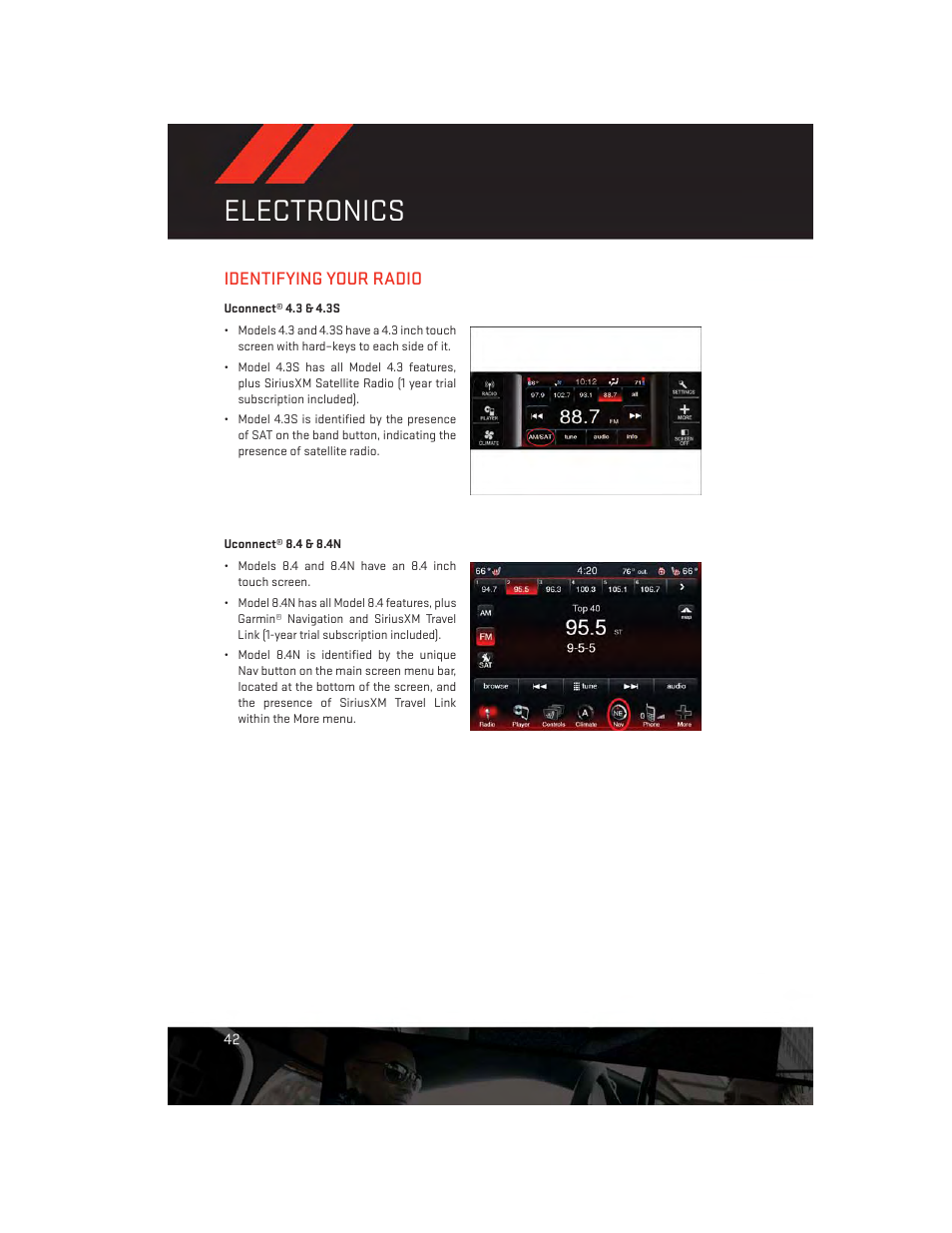 Identifying your radio, Uconnect® 4.3 & 4.3s, Uconnect® 8.4 & 8.4n | Electronics | Dodge 2014 Charger-SRT - User Guide User Manual | Page 44 / 140