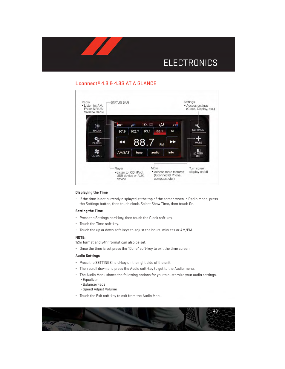 Uconnect® 4.3 & 4.3s at a glance, Electronics | Dodge 2014 Charger-SRT - User Guide User Manual | Page 45 / 140