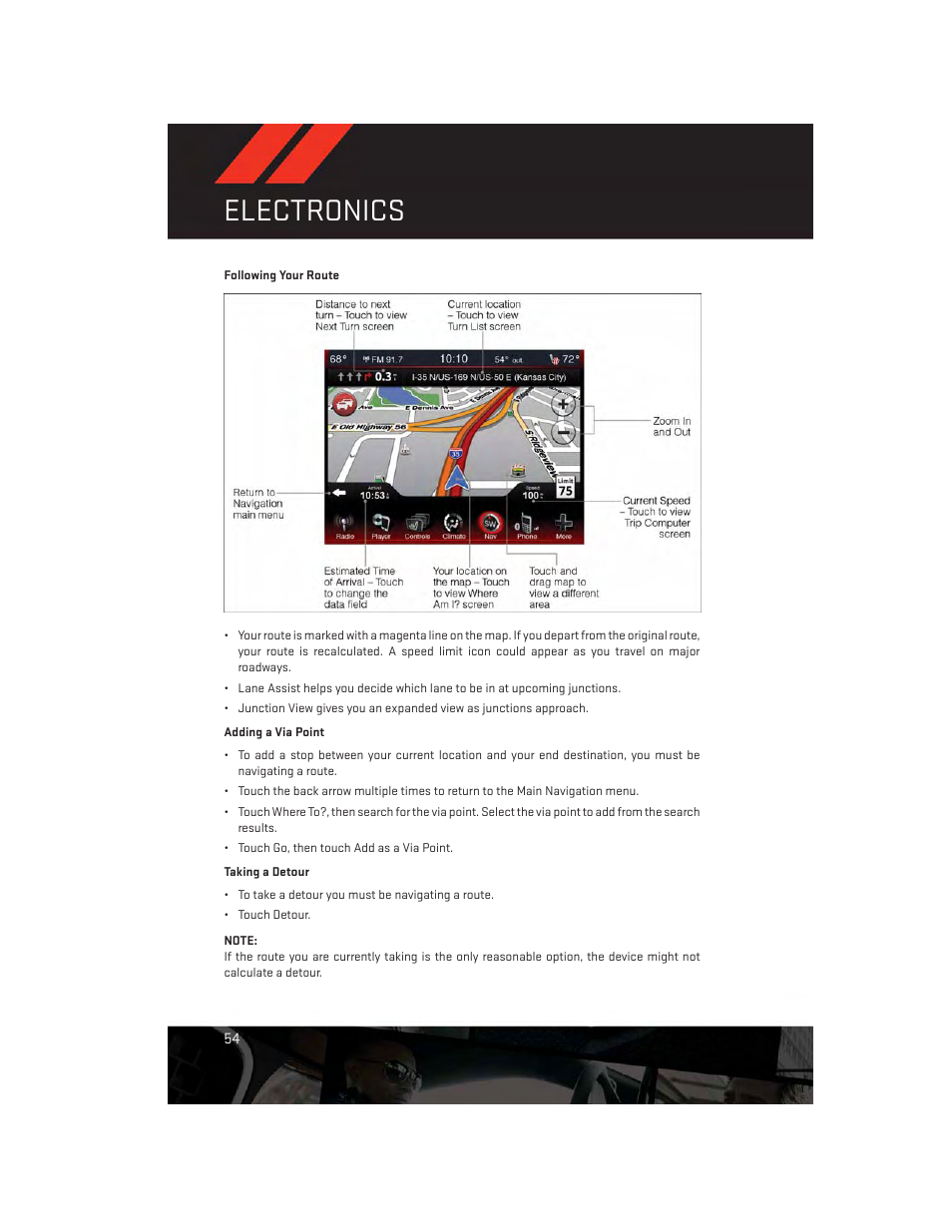 Following your route, Electronics | Dodge 2014 Charger-SRT - User Guide User Manual | Page 56 / 140