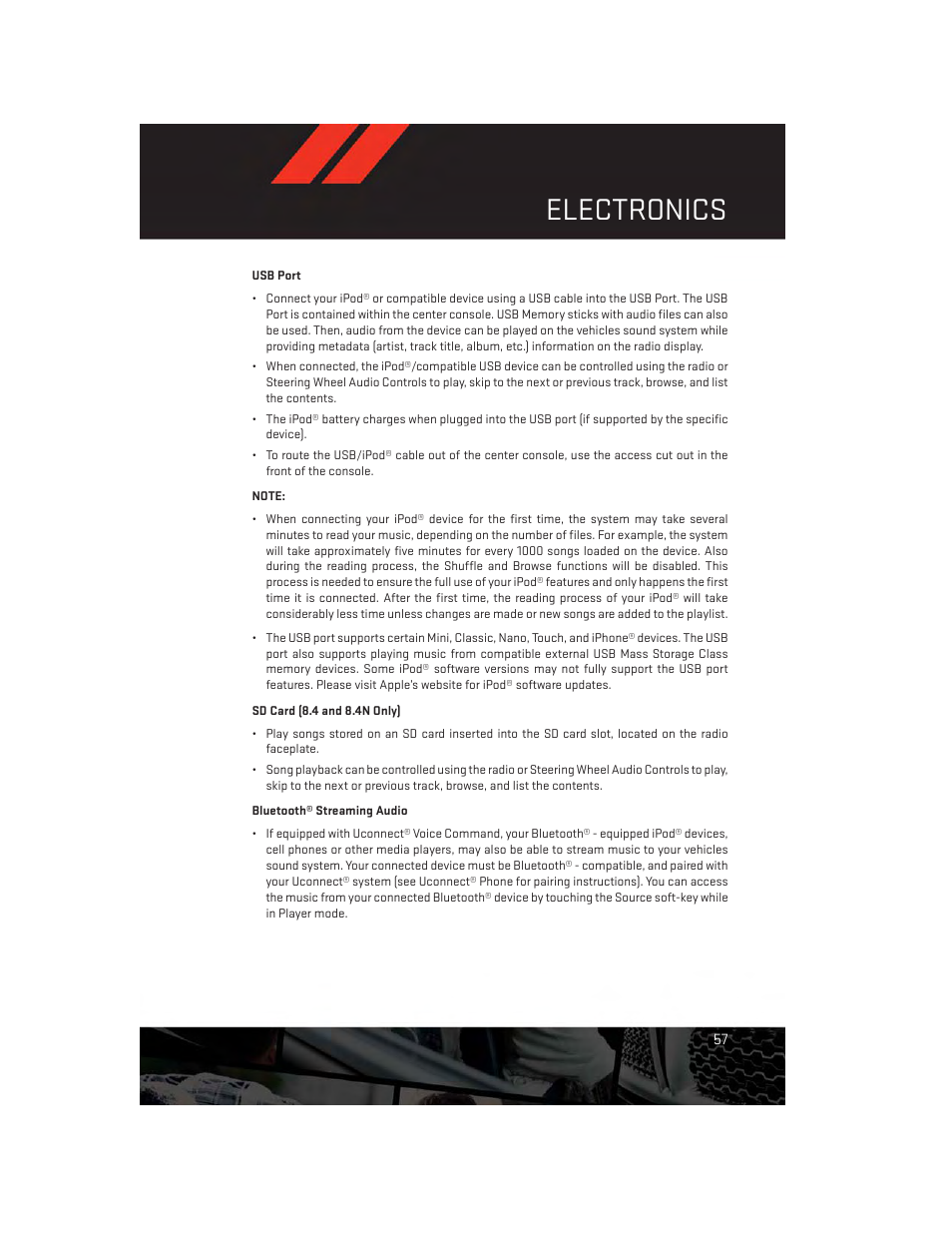 Usb port, Sd card (8.4 and 8.4n only), Bluetooth® streaming audio | Electronics | Dodge 2014 Charger-SRT - User Guide User Manual | Page 59 / 140