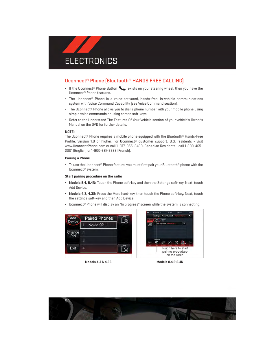 Uconnect® phone (bluetooth® hands free calling), Pairing a phone, Electronics | Dodge 2014 Charger-SRT - User Guide User Manual | Page 60 / 140