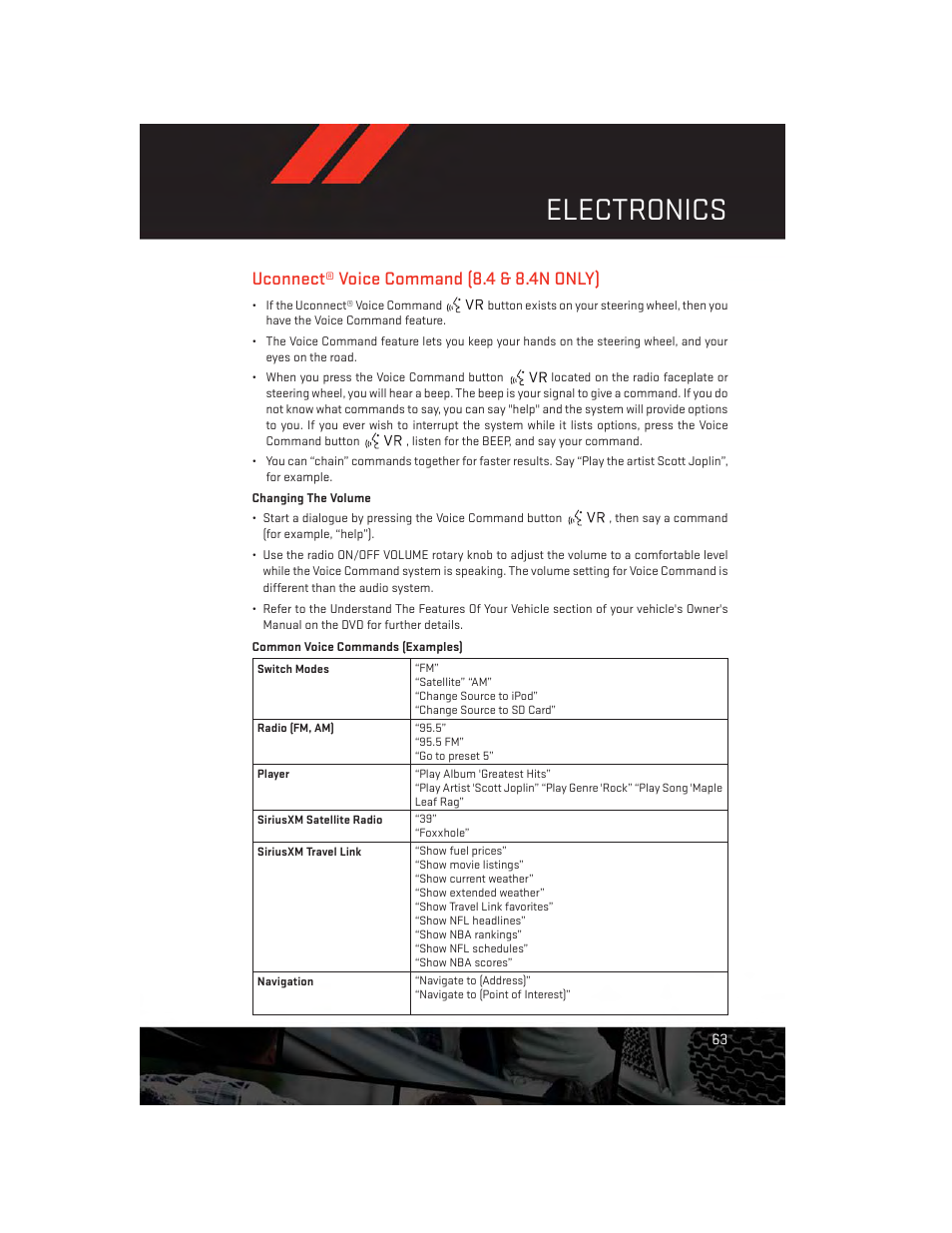 Uconnect® voice command (8.4 & 8.4n only), Changing the volume, Common voice commands (examples) | Electronics | Dodge 2014 Charger-SRT - User Guide User Manual | Page 65 / 140