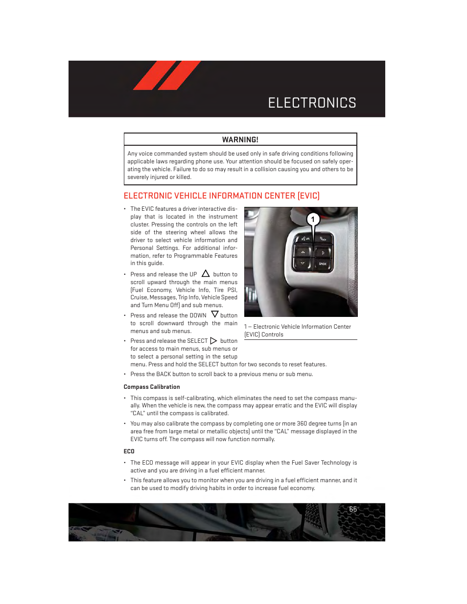 Electronic vehicle information center (evic), Compass calibration, Electronics | Dodge 2014 Charger-SRT - User Guide User Manual | Page 67 / 140