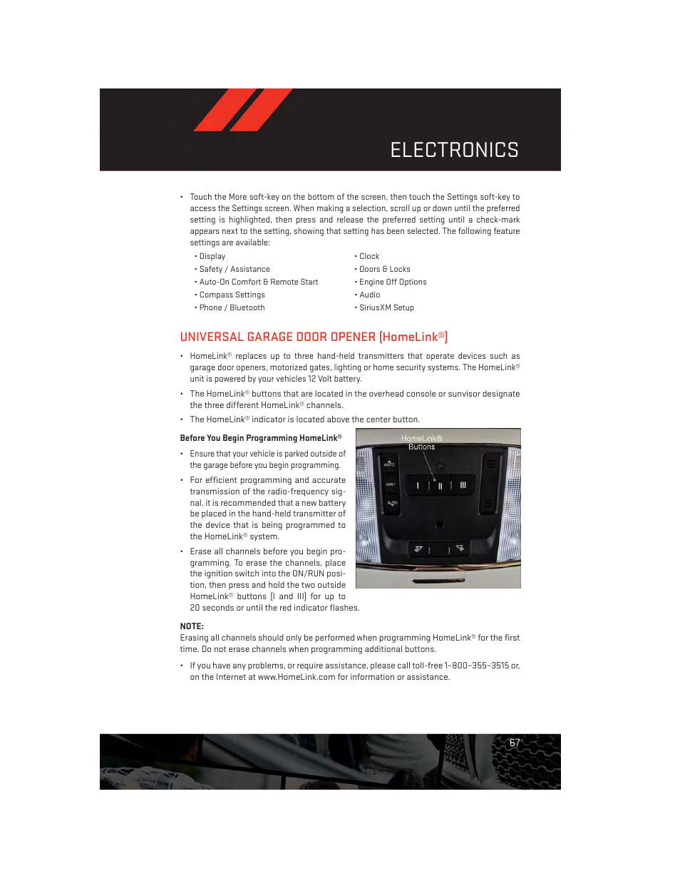 Universal garage door opener (homelink®), Before you begin programming homelink, Electronics | Dodge 2014 Charger-SRT - User Guide User Manual | Page 69 / 140