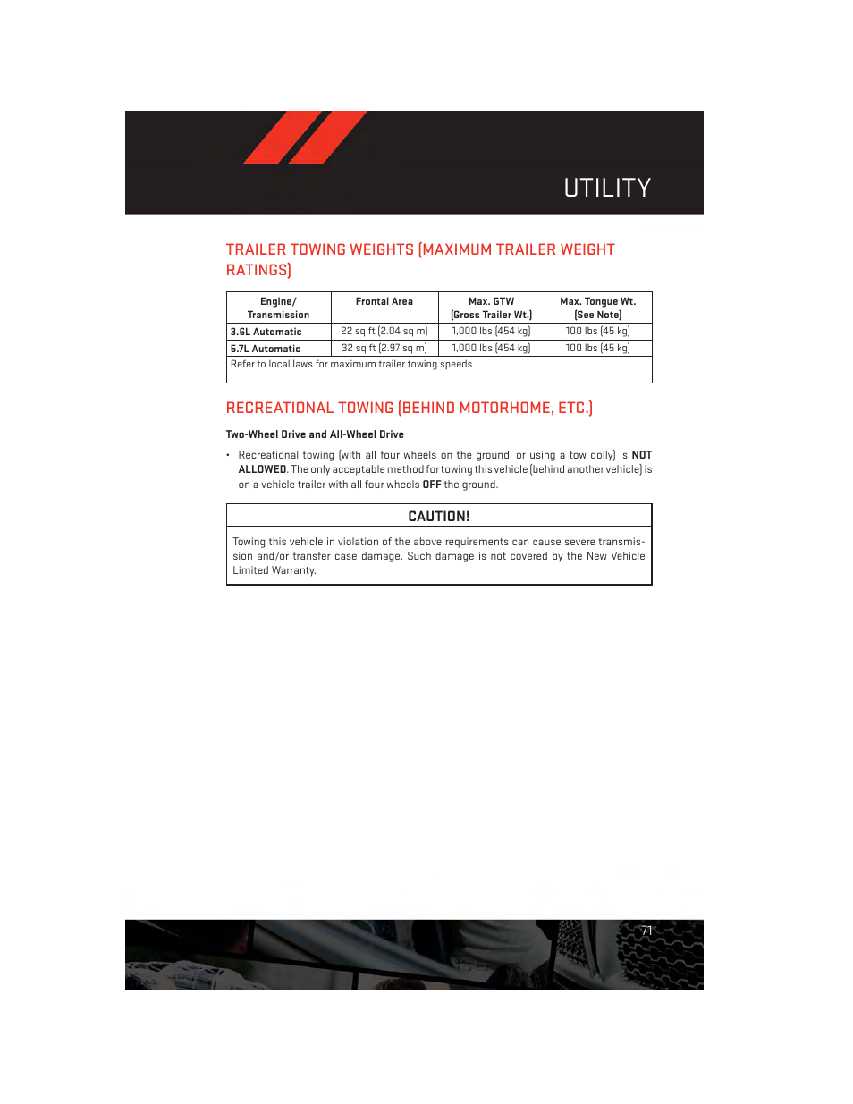 Utility, Recreational towing (behind motorhome, etc.), Two-wheel drive and all-wheel drive | Dodge 2014 Charger-SRT - User Guide User Manual | Page 73 / 140