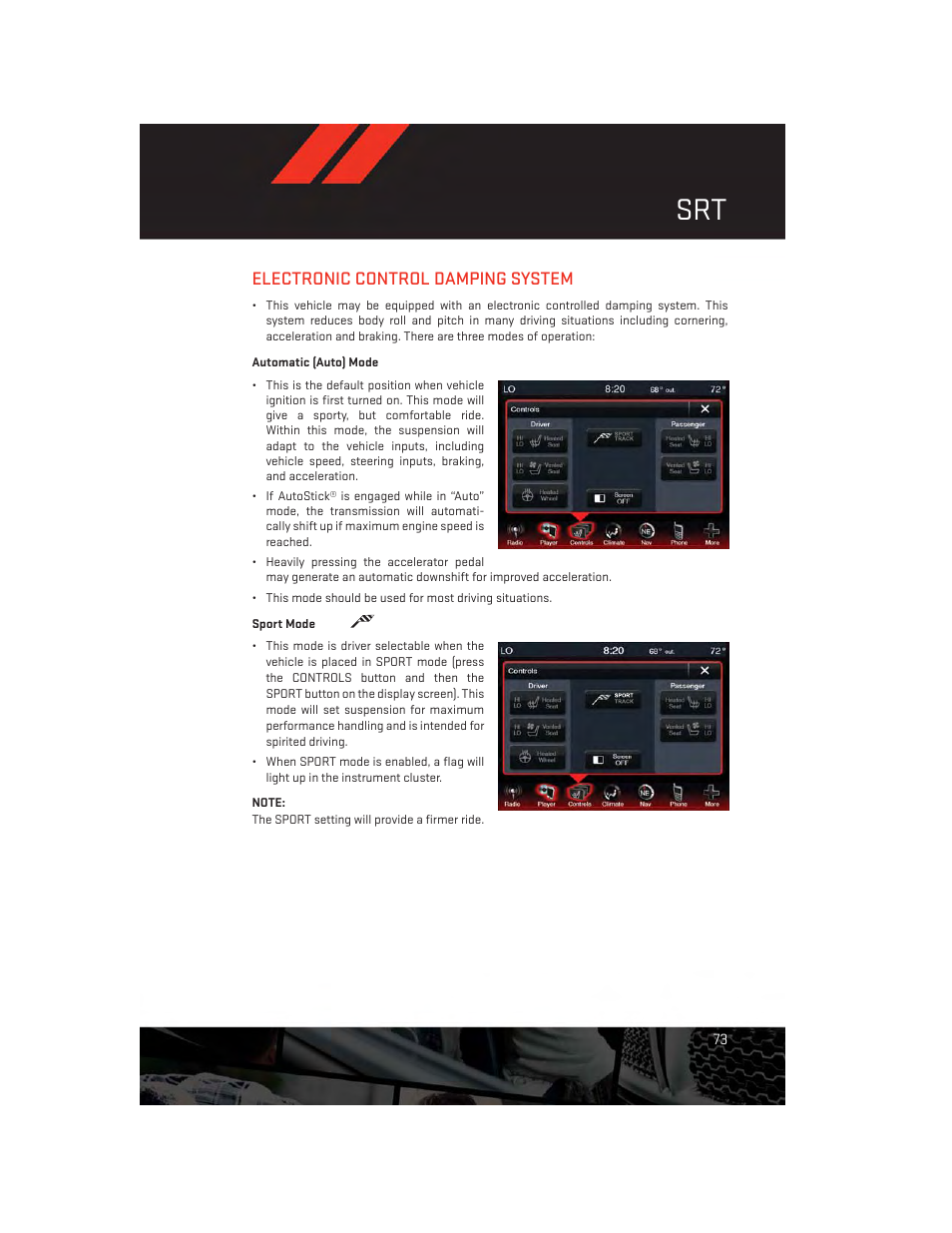 Electronic control damping system, Automatic (auto) mode, Sport mode | Dodge 2014 Charger-SRT - User Guide User Manual | Page 75 / 140