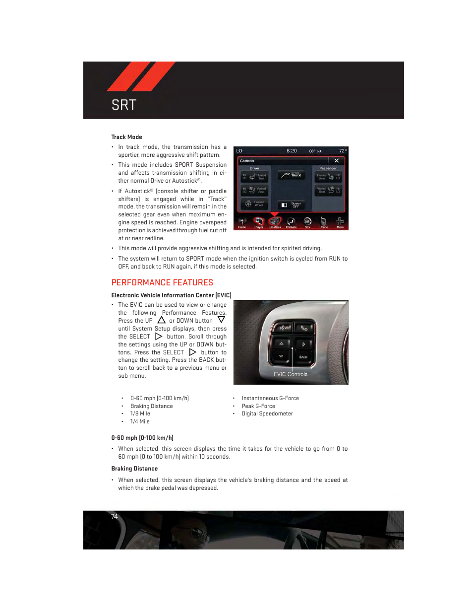 Track mode, Performance features, Electronic vehicle information center (evic) | Dodge 2014 Charger-SRT - User Guide User Manual | Page 76 / 140