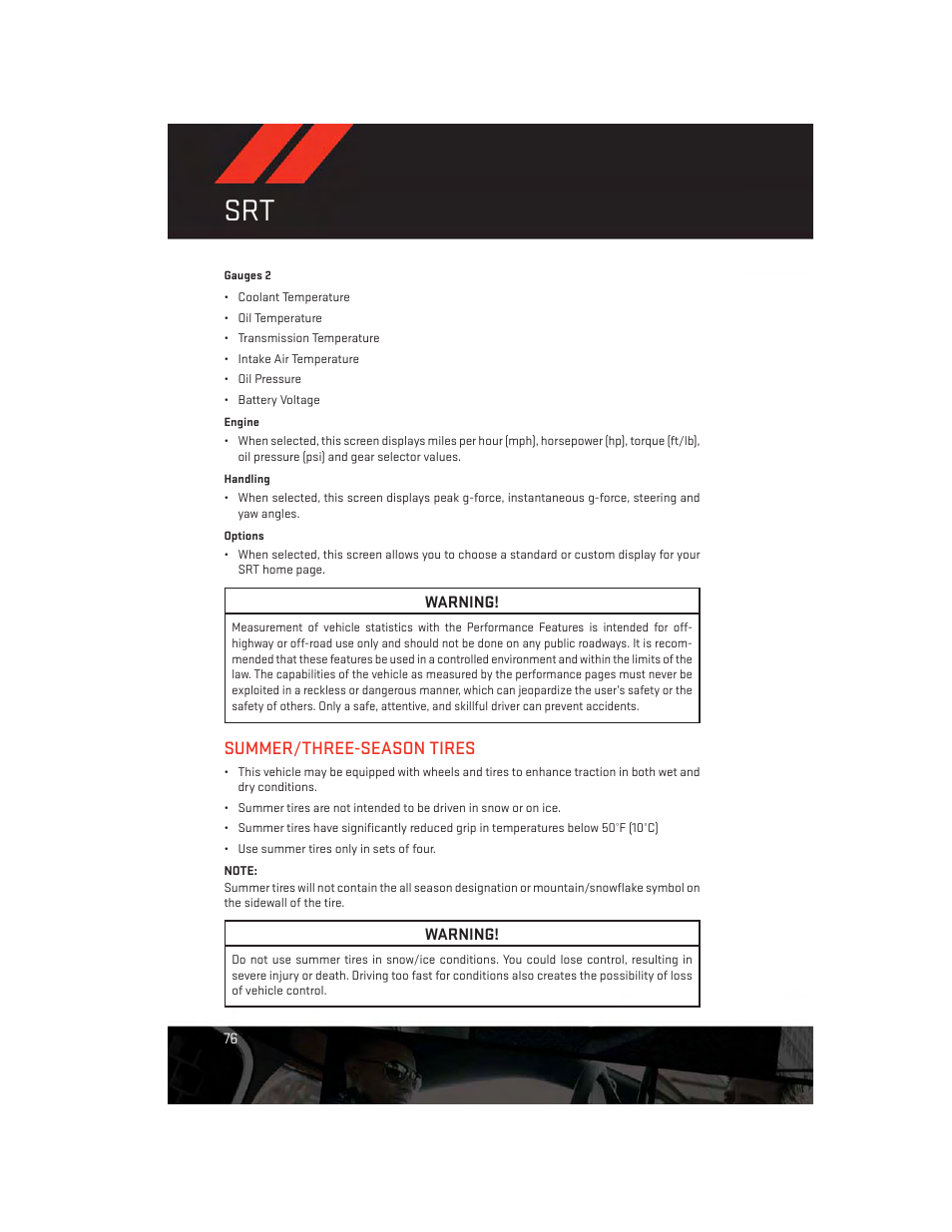 Summer/three-season tires | Dodge 2014 Charger-SRT - User Guide User Manual | Page 78 / 140