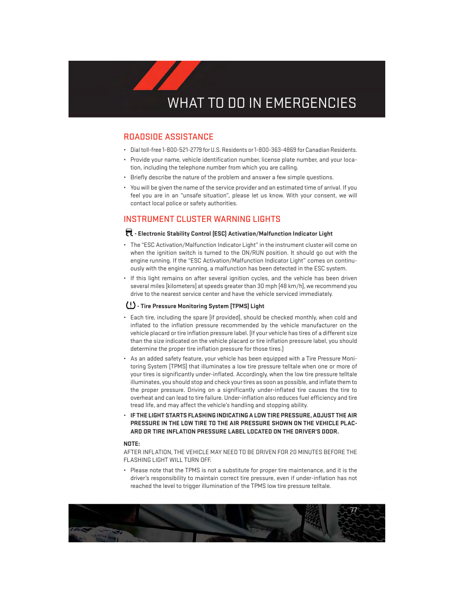 What to do in emergencies, Roadside assistance, Instrument cluster warning lights | Tire pressure monitoring system (tpms) light | Dodge 2014 Charger-SRT - User Guide User Manual | Page 79 / 140