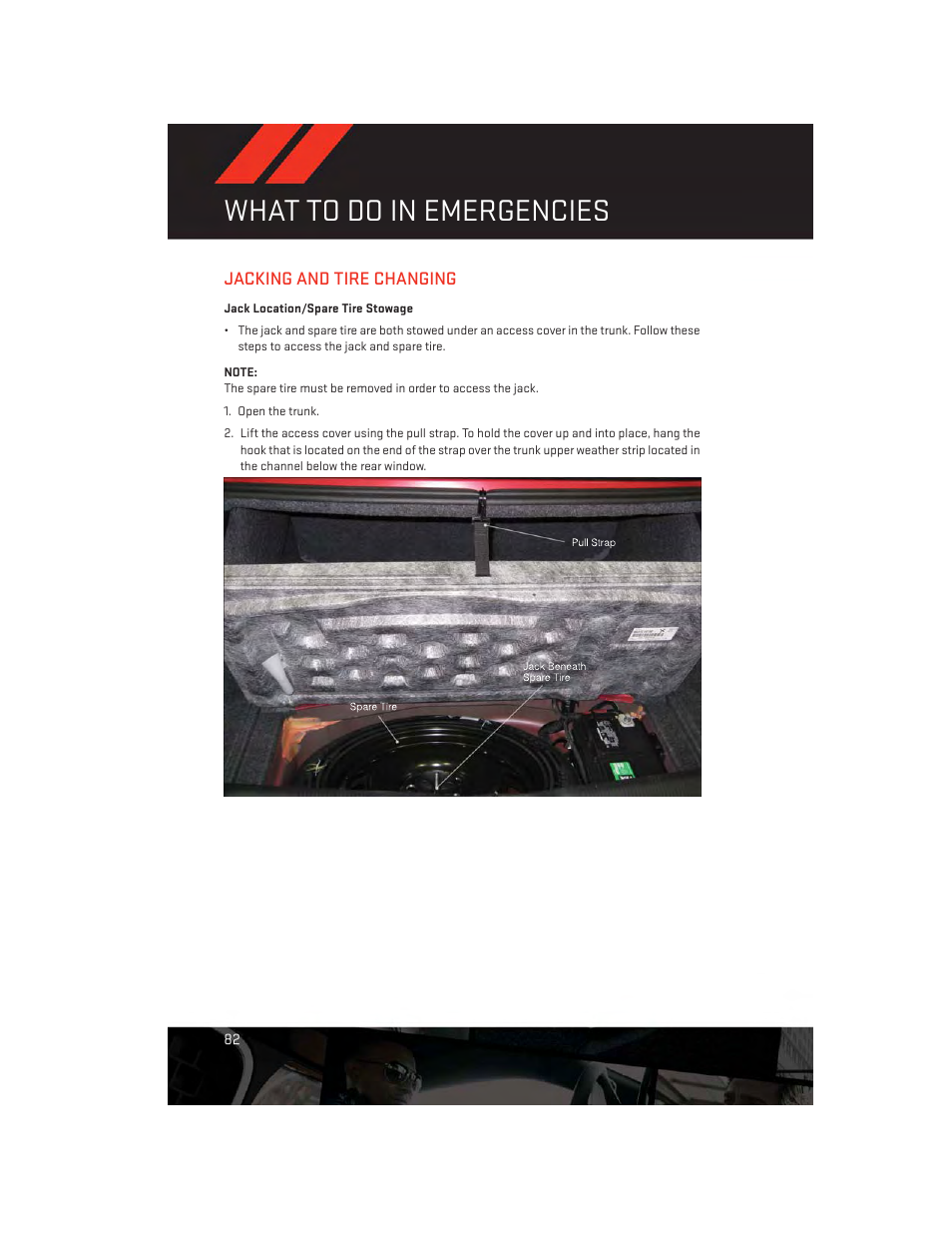 Jacking and tire changing, Jack location/spare tire stowage, What to do in emergencies | Dodge 2014 Charger-SRT - User Guide User Manual | Page 84 / 140