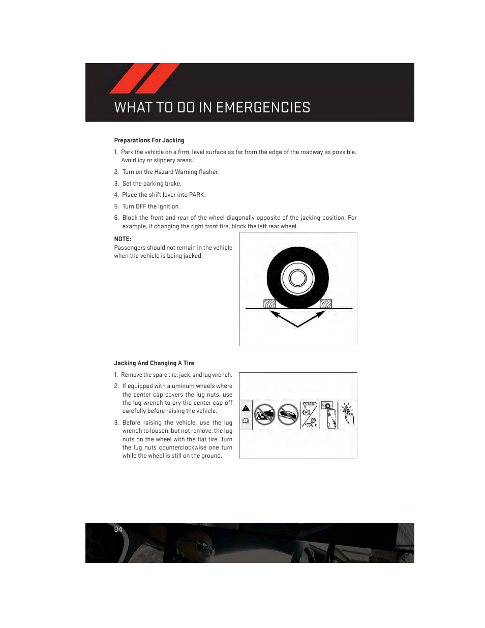 Preparations for jacking, Jacking and changing a tire, What to do in emergencies | Dodge 2014 Charger-SRT - User Guide User Manual | Page 86 / 140