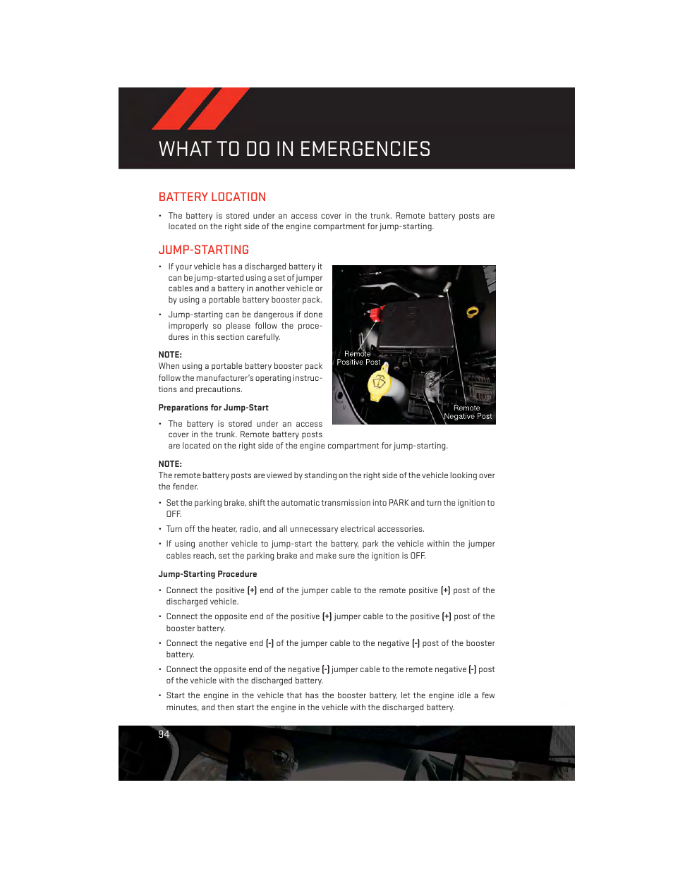 Battery location, Jump-starting, Preparations for jump-start | Jump-starting procedure, Battery location jump-starting, What to do in emergencies | Dodge 2014 Charger-SRT - User Guide User Manual | Page 96 / 140