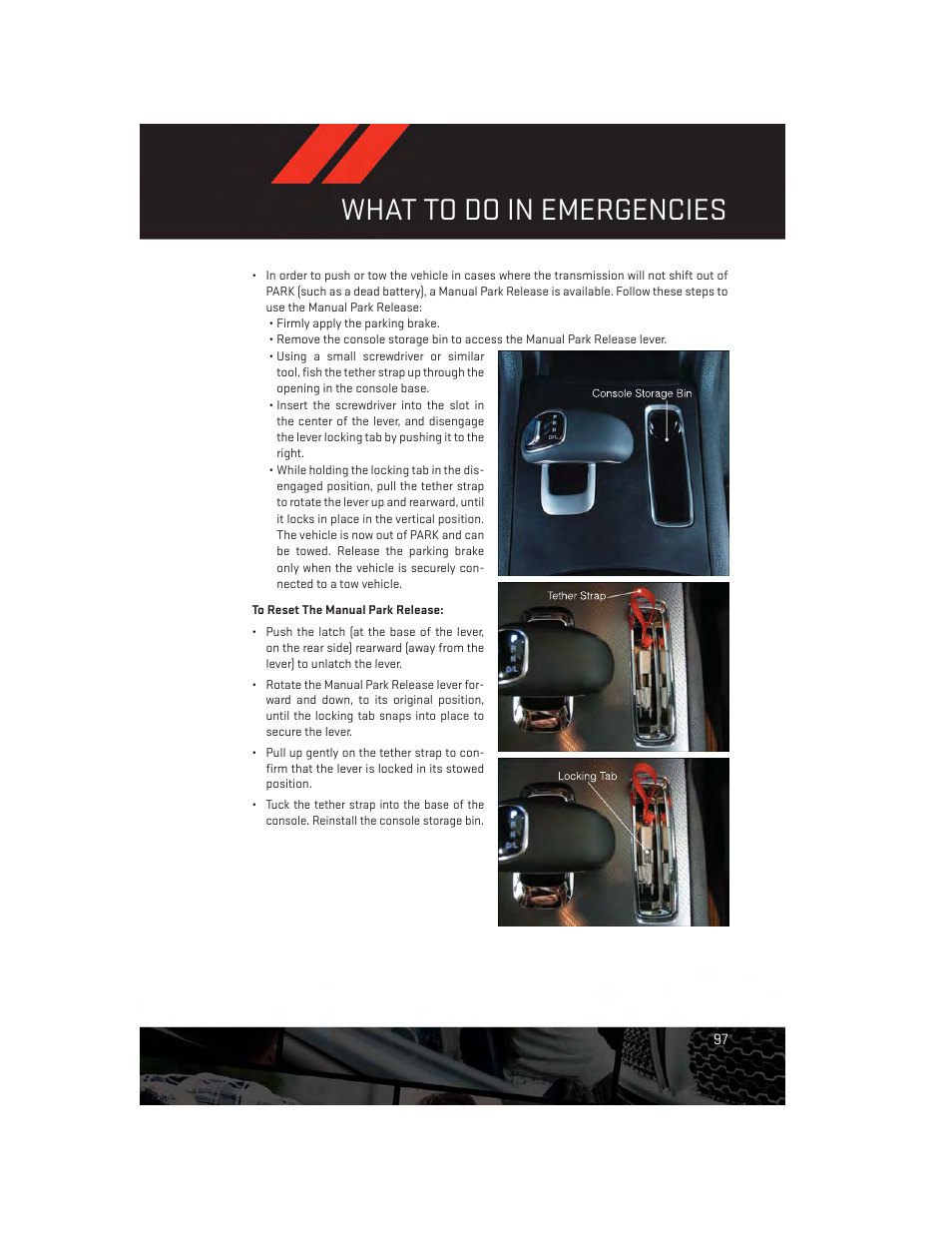 What to do in emergencies | Dodge 2014 Charger-SRT - User Guide User Manual | Page 99 / 140