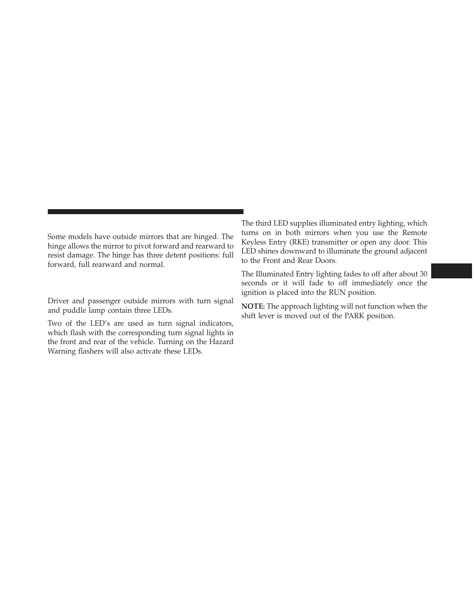 Outside mirrors folding feature — if equipped, Outside mirrors folding feature, If equipped | Outside mirrors with turn signal and, Approach lighting — if equipped | Dodge 2014 Dart - Owner Manual User Manual | Page 123 / 656