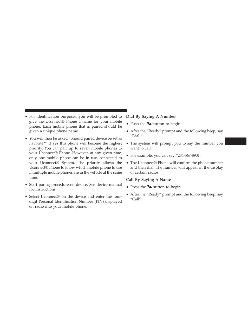 Dial by saying a number, Call by saying a name | Dodge 2014 Dart - Owner Manual User Manual | Page 139 / 656