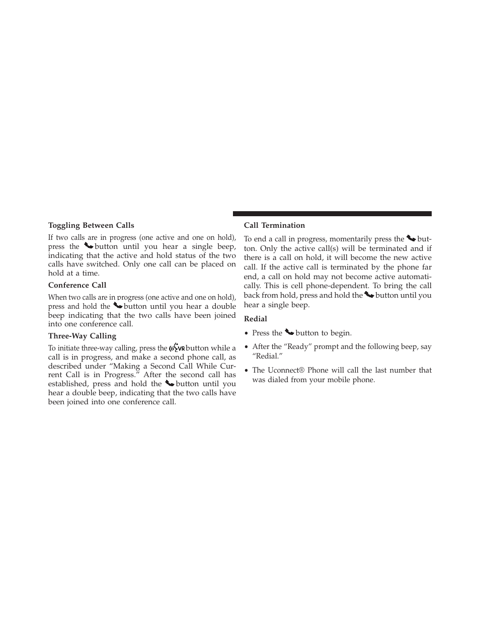 Toggling between calls, Conference call, Three-way calling | Call termination, Redial | Dodge 2014 Dart - Owner Manual User Manual | Page 146 / 656