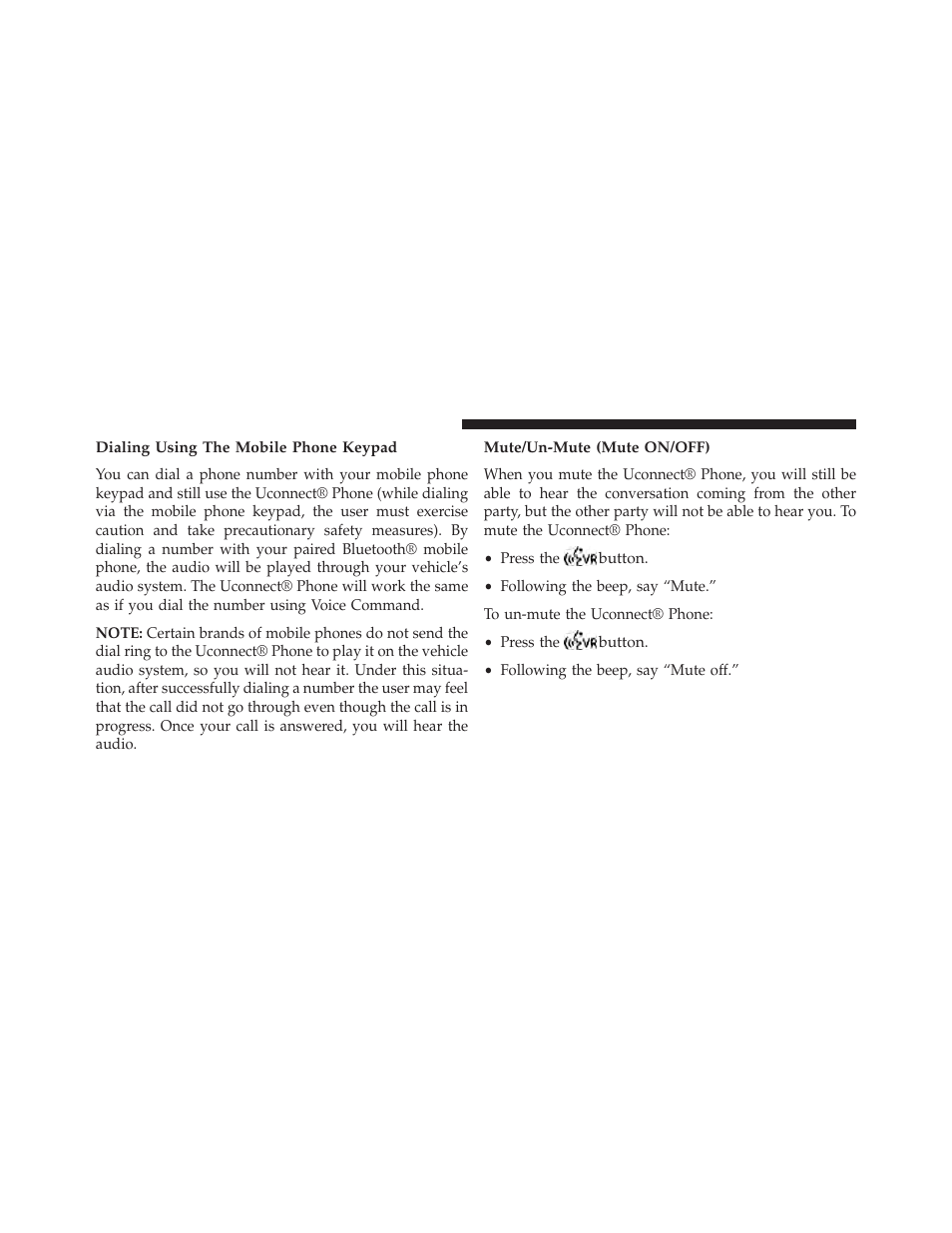 Dialing using the mobile phone keypad, Mute/un-mute (mute on/off) | Dodge 2014 Dart - Owner Manual User Manual | Page 152 / 656