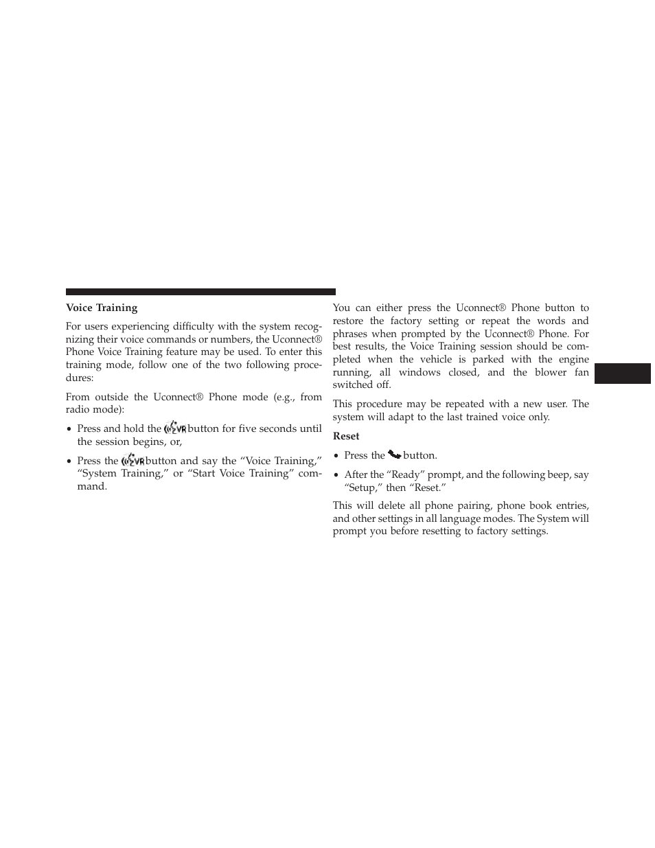 Voice training, Reset | Dodge 2014 Dart - Owner Manual User Manual | Page 155 / 656