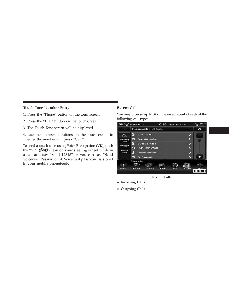 Touch-tone number entry, Recent calls | Dodge 2014 Dart - Owner Manual User Manual | Page 183 / 656