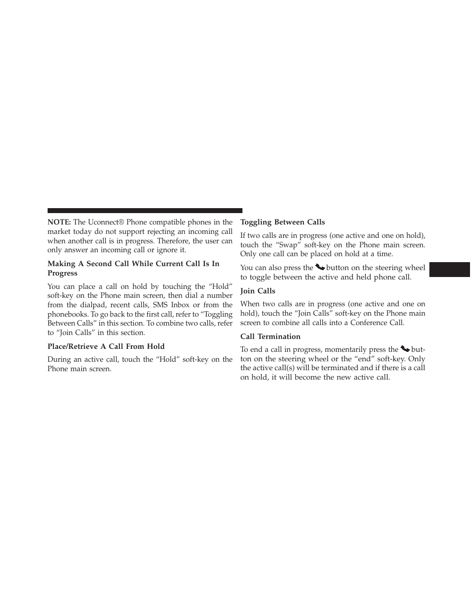 Place/retrieve a call from hold, Toggling between calls, Join calls | Call termination | Dodge 2014 Dart - Owner Manual User Manual | Page 185 / 656