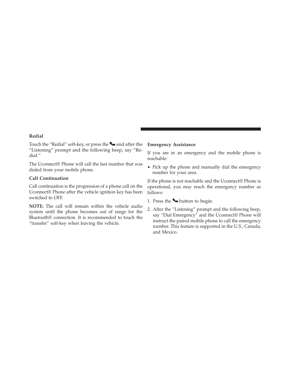 Redial, Call continuation, Uconnect® phone features | Emergency assistance | Dodge 2014 Dart - Owner Manual User Manual | Page 186 / 656