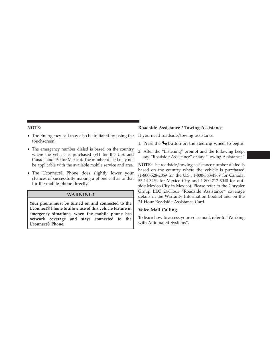 Roadside assistance / towing assistance, Voice mail calling | Dodge 2014 Dart - Owner Manual User Manual | Page 187 / 656