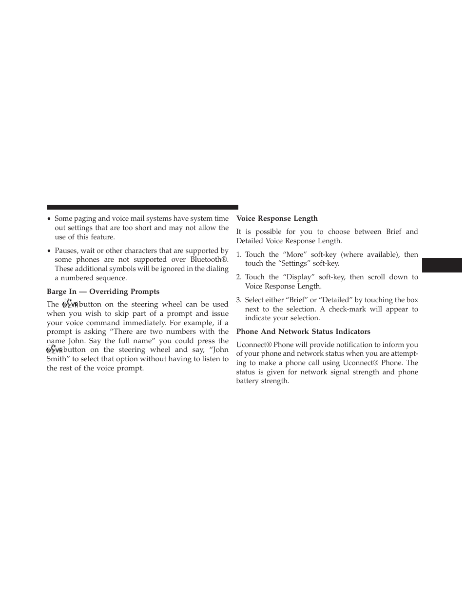 Barge in — overriding prompts, Voice response length, Phone and network status indicators | Dodge 2014 Dart - Owner Manual User Manual | Page 189 / 656