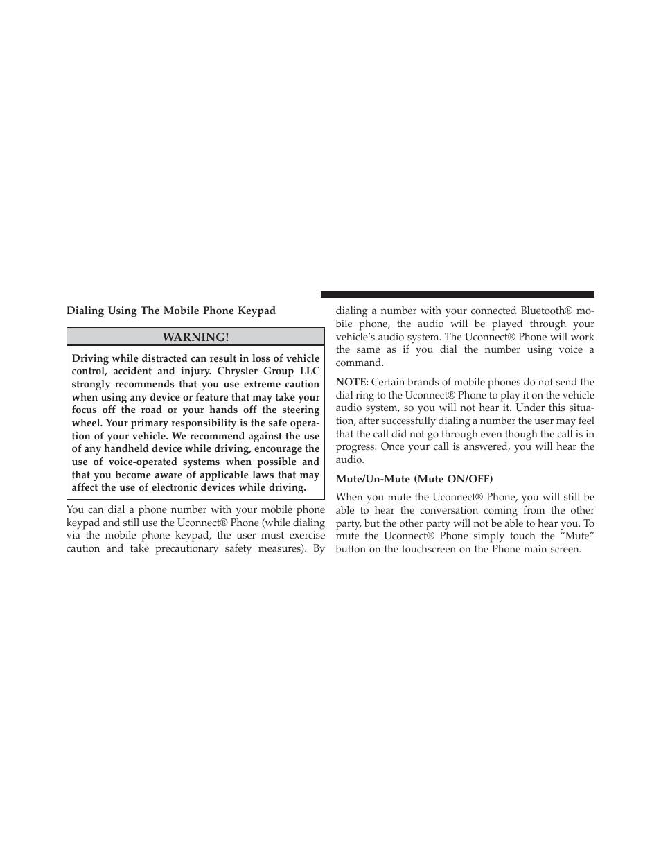 Dialing using the mobile phone keypad, Mute/un-mute (mute on/off) | Dodge 2014 Dart - Owner Manual User Manual | Page 190 / 656