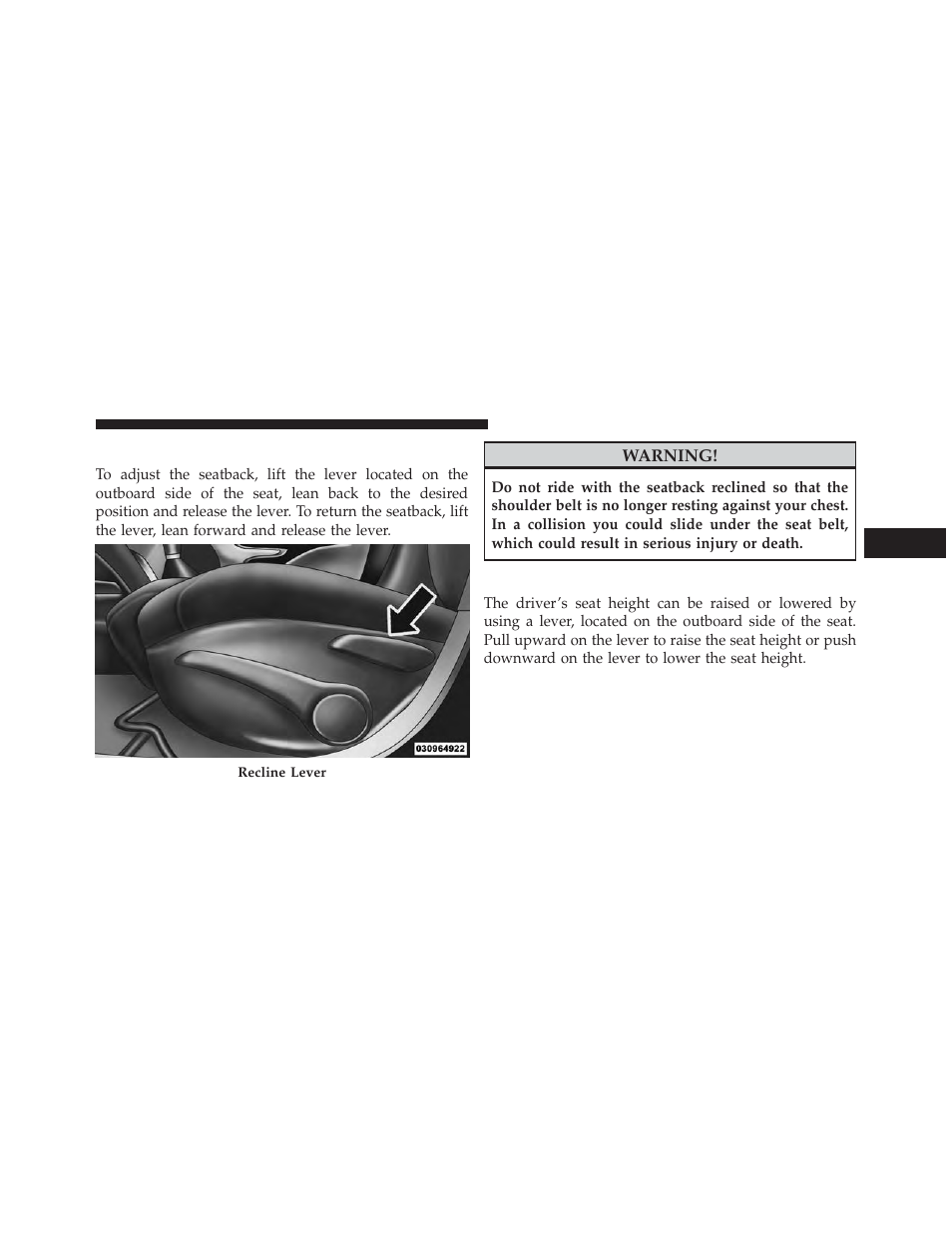 Manual front seat recline adjustment, Manual seat height adjustment — if equipped, Manual seat height adjustment — if | Equipped | Dodge 2014 Dart - Owner Manual User Manual | Page 227 / 656