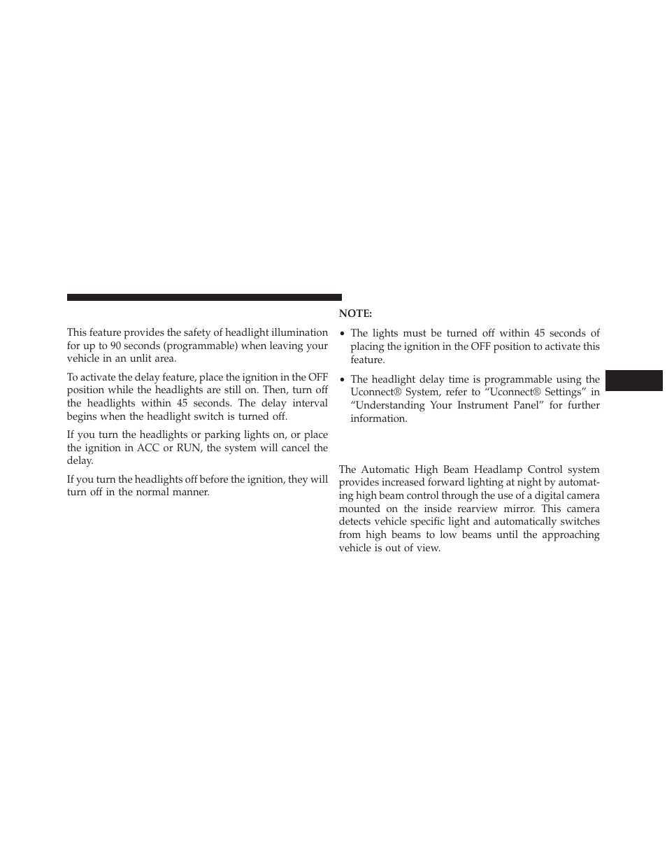 Headlight time delay, Automatic high beam headlamp control — if equipped, Automatic high beam headlamp control — if | Equipped | Dodge 2014 Dart - Owner Manual User Manual | Page 239 / 656