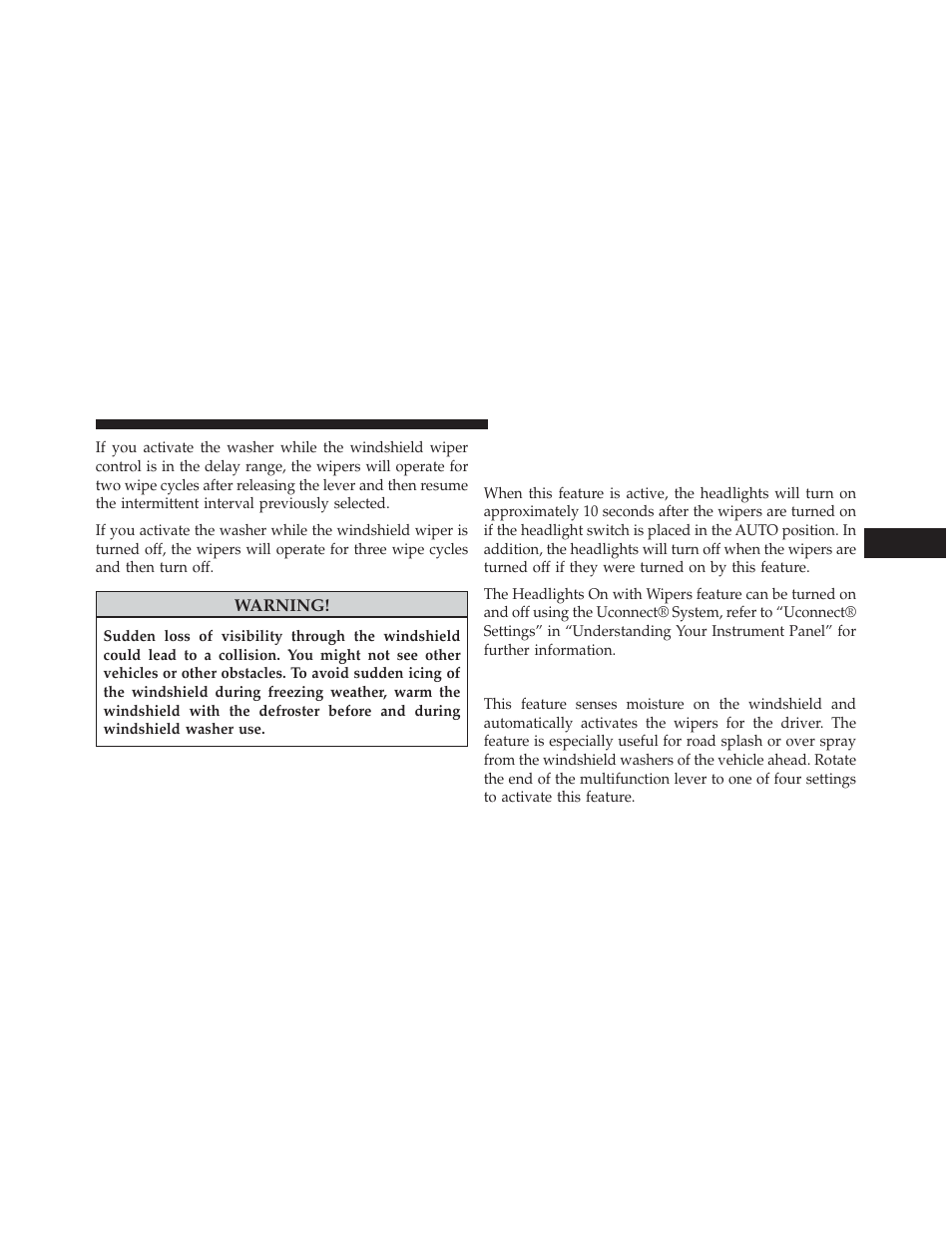 Rain sensing wipers — if equipped, Headlights on with wipers (available with, Automatic headlights only) | Dodge 2014 Dart - Owner Manual User Manual | Page 249 / 656