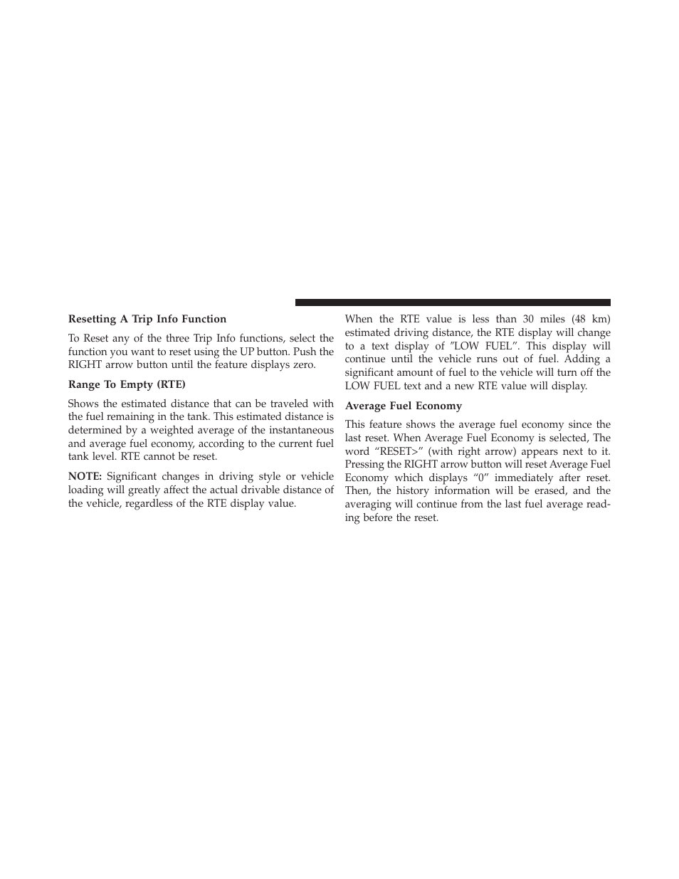 Resetting a trip info function, Range to empty (rte), Average fuel economy | Dodge 2014 Dart - Owner Manual User Manual | Page 332 / 656