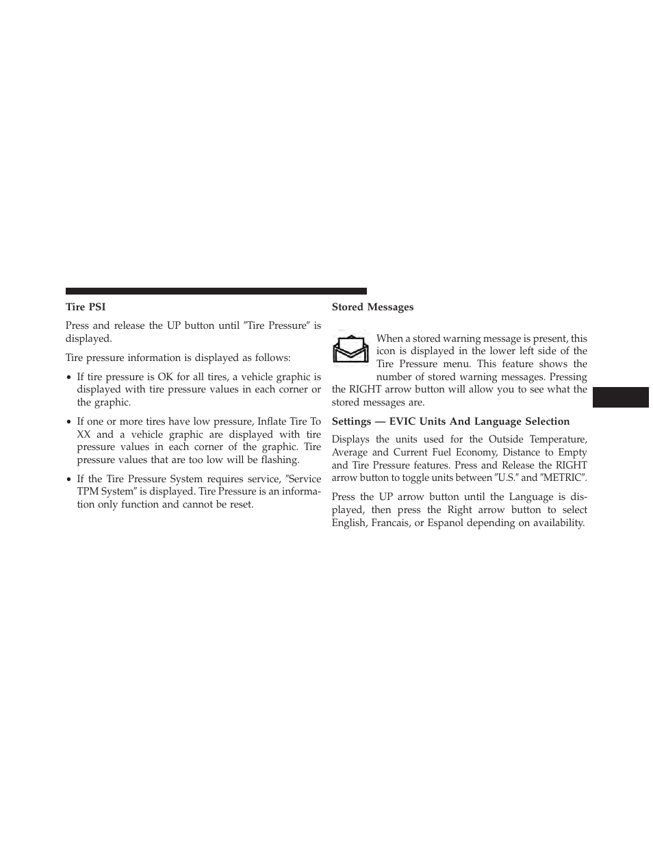 Tire psi, Stored messages, Settings — evic units and language selection | Dodge 2014 Dart - Owner Manual User Manual | Page 333 / 656