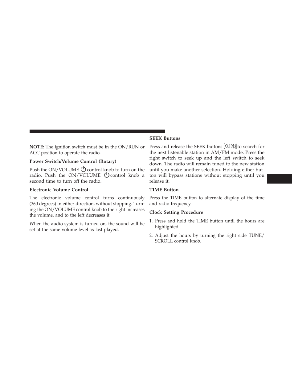 Operating instructions — radio mode, Power switch/volume control (rotary), Electronic volume control | Seek buttons, Time button, Clock setting procedure | Dodge 2014 Dart - Owner Manual User Manual | Page 369 / 656