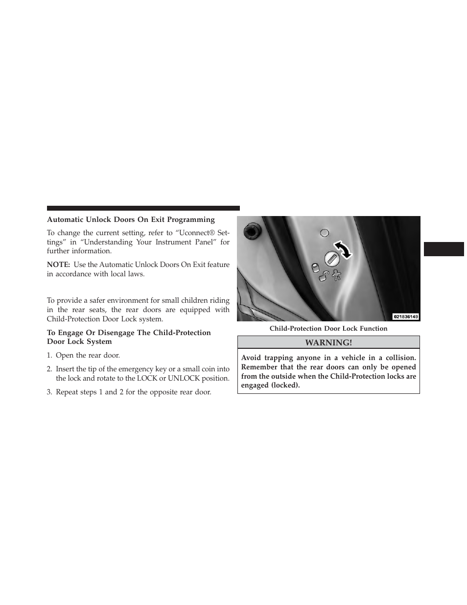 Automatic unlock doors on exit programming, Child-protection door lock system — rear doors, Child-protection door lock system | Rear doors | Dodge 2014 Dart - Owner Manual User Manual | Page 37 / 656