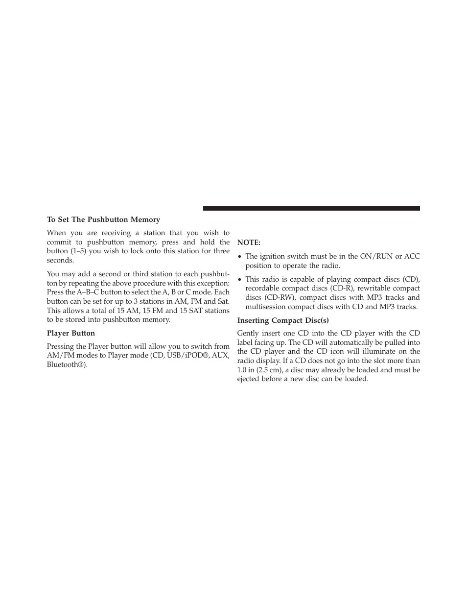 To set the pushbutton memory, Player button, Inserting compact disc(s) | Operation instructions — cd mode for, Cd and mp3 audio play | Dodge 2014 Dart - Owner Manual User Manual | Page 374 / 656