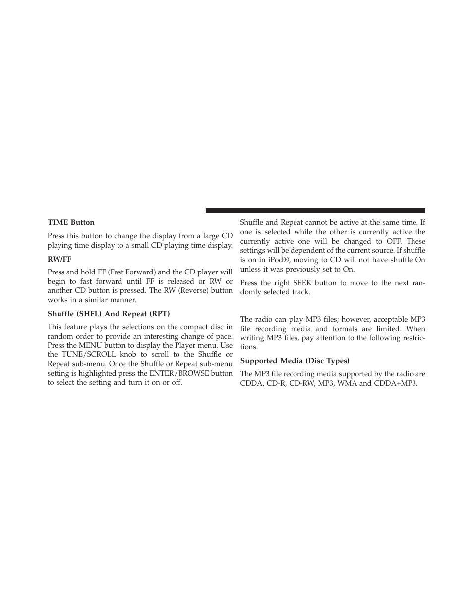 Time button, Rw/ff, Shuffle (shfl) and repeat (rpt) | Notes on playing mp3 files, Supported media (disc types) | Dodge 2014 Dart - Owner Manual User Manual | Page 376 / 656