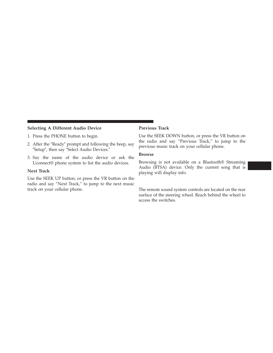 Selecting a different audio device, Next track, Previous track | Browse, Steering wheel audio controls | Dodge 2014 Dart - Owner Manual User Manual | Page 389 / 656