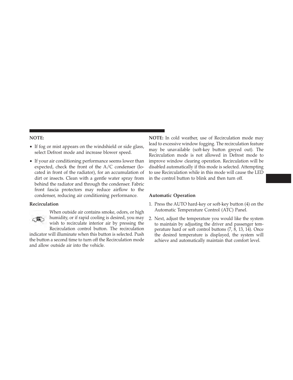 Recirculation, Automatic temperature control (atc), Automatic operation | Dodge 2014 Dart - Owner Manual User Manual | Page 403 / 656