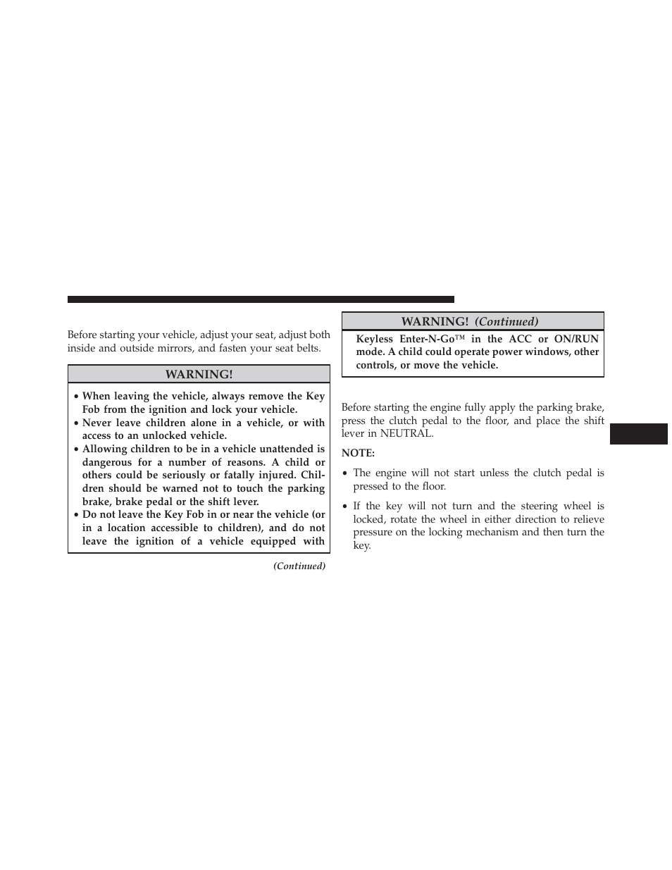 Starting procedures, Manual transmission — if equipped | Dodge 2014 Dart - Owner Manual User Manual | Page 411 / 656