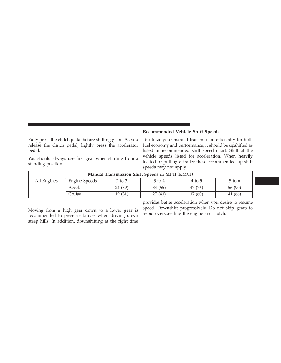 Shifting, Recommended vehicle shift speeds, Downshifting | Dodge 2014 Dart - Owner Manual User Manual | Page 417 / 656