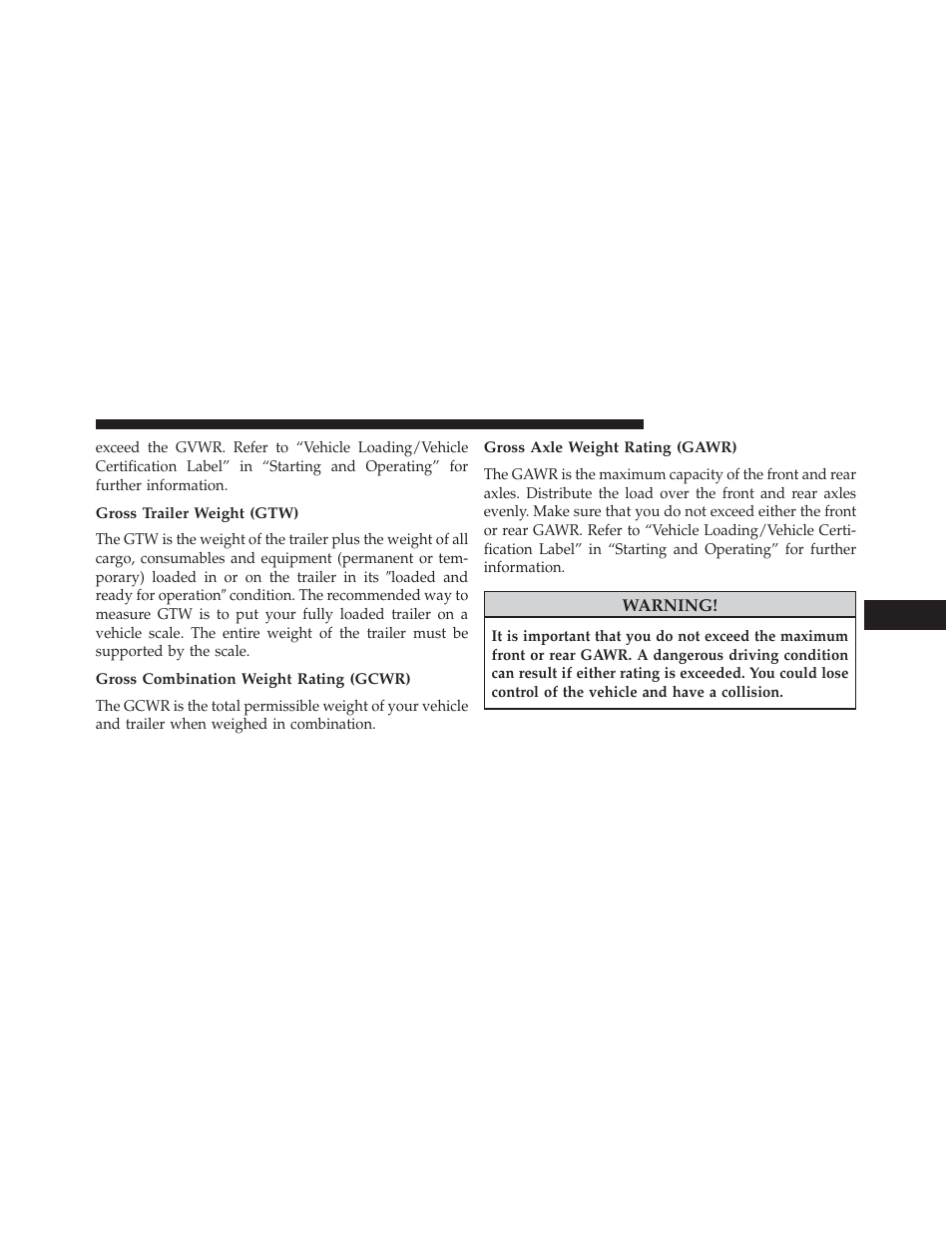 Gross trailer weight (gtw), Gross combination weight rating (gcwr), Gross axle weight rating (gawr) | Dodge 2014 Dart - Owner Manual User Manual | Page 505 / 656