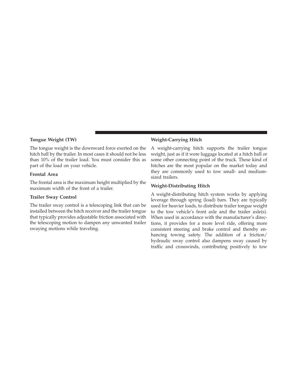 Tongue weight (tw), Frontal area, Trailer sway control | Weight-carrying hitch, Weight-distributing hitch | Dodge 2014 Dart - Owner Manual User Manual | Page 506 / 656